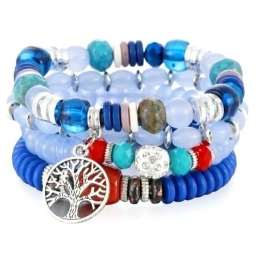 Set of 4 Boho Silver Blue and Multicolor Beaded Tree of Life Stretch Bracelets